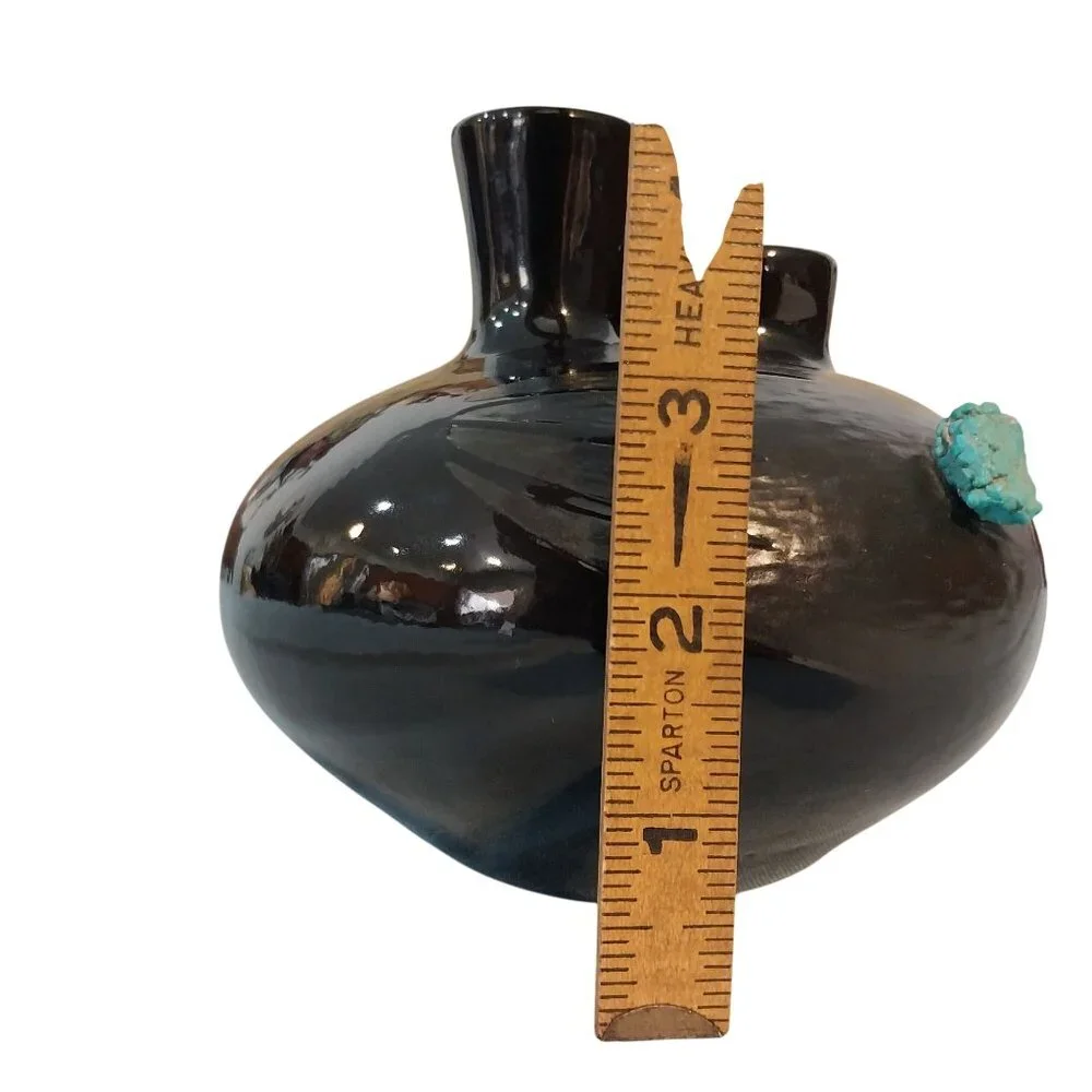 Black Double Spout Vase With Etched Bear Claw and Turquoise Colored Stones